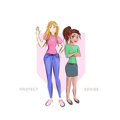 Two young woman characters, who can guide, protect and give advises. Girls vector art.