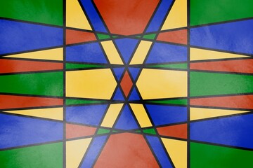 abstract symmetrical geometric pattern in yellow, red, green and blue with vintage grunge effect