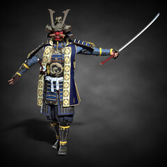 A Japanese samurai with a drawn sword. 3d illustration