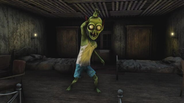 Seamless animation of a zombie thriller dancing in a party in a haunted house. Funny cartoon character for Halloween background.