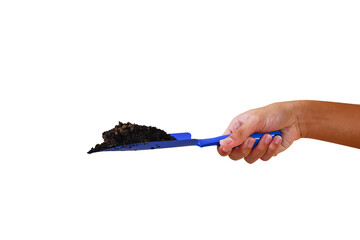 hand holding soil scoop.Female hand hold shovel for gardening on whithe background.