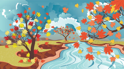Autumn maple trees and river