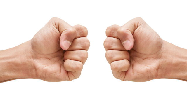 Right and left hand fist punch close up, Man strong fist on white background, Man punch fist on isolated white background, Man arm with blood veins, Man clenched fist isolated