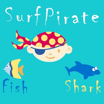 Pirate kid with shark and fish text