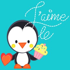 cute penguin with cupcake and text