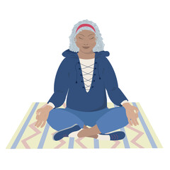 A modern gray-haired elderly woman meditates sitting on a rug in an ethnic style. The concept of a healthy lifestyle and longevity. Vector illustration isolated on a white background.