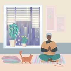 An elderly African-American woman meditates at home against the background of a large window. Evening meditation. Concentration of attention, calmness and relaxation at any age. Vector illustration