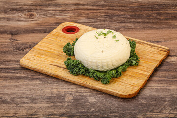 Caucasian suluguni round cheese piece
