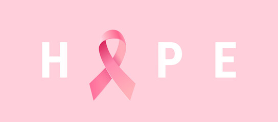 Vector Illustration of Pink Breast Cancer Ribbon in Word Hope on Pink Color Background. Symbol of Breast Cancer Awareness, Psychological Support and Help. Design for Awareness Month Campaign Poster