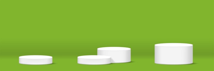 cylinder podium for make-up product display on green background, for horizontal banner, podium stage showcase for advertising cosmetics banner, copy space, 3D illustration
