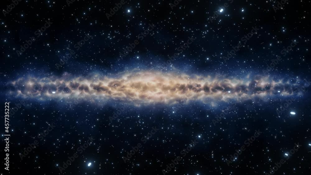 Sticker flying in the universe through stars on a background of a galaxy seen horizontally. looping video. 3