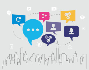 communication bubbles and cityscape