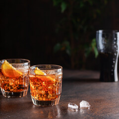 Traditional Spanish alcoholic drink, cocktail, Calimocho. Red wine, cola, lemon and ice.