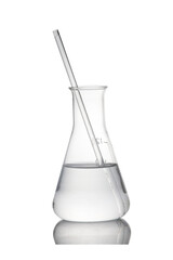 Erlenmeyer flask glassware with water and reflection isolated on white background with clipping path