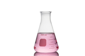 Laboratory equipment, Erlenmeyer Flask filled by pink liquid with reflection isolated on white background with clipping path.