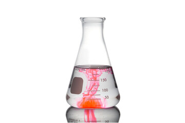 Laboratory equipment, Erlenmeyer Flask filled by pink liquid with reflection isolated on white background with clipping path.