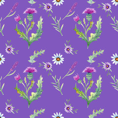 Wild flowers background. Seamless pattern. Wild flowers background Watercolor.