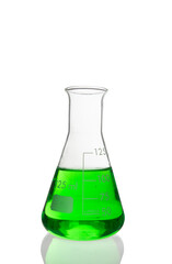 Laboratory equipment, Erlenmeyer Flask filled by green liquid with reflection isolated on white background with clipping path.