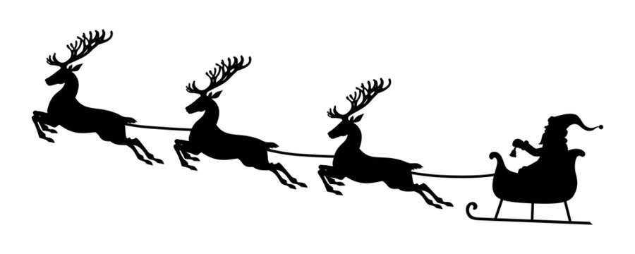 Silhouette Santa riding on deer sleigh
