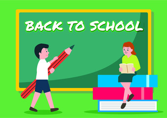 Back to school or school time banner template. Young children characters with books. Composition with notebook	