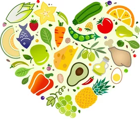 Fotobehang Love food vector illustration. Colourful heart of healthy vegetables, fruit, dairy, meat. Flat lay of ingredients icons isolated on white. Healthy eating, balanced diet or dieting, detox, nutrition. © j-mel
