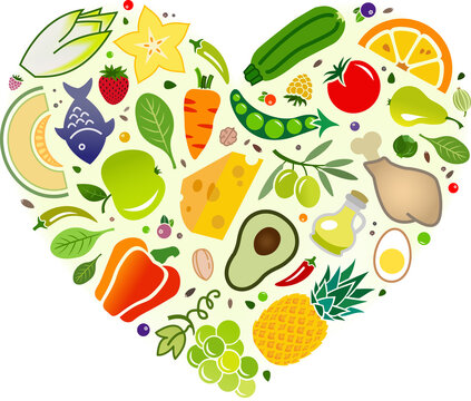 Love food vector illustration. Colourful heart of healthy vegetables, fruit, dairy, meat. Flat lay of ingredients icons isolated on white. Healthy eating, balanced diet or dieting, detox, nutrition.