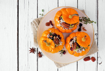 Stuffed mini pumpkins with rice, cranberries, cabbage and nuts. Autumn food concept. Top view on...