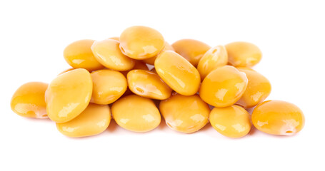 Pickled yellow lupine beans isolated on white background. Tournus, preserved lupinus.
