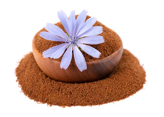 Obraz na płótnie Canvas Chicory powder and flower in wooden bowl, isolated on white background. Cichorium intybus.