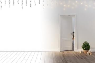 A sketch becomes a real modern room with a glowing garland on the blank white wall with an open door, a small Christmas tree in a wicker basket next to wrapped gifts on a wooden floor. 3d render