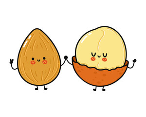 Cute, funny happy almond and macadamia character. Vector hand drawn cartoon kawaii characters, illustration icon. Funny cartoon almond and macadamia friends concept