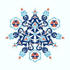 Vintage damask pattern with floral elements. Arabesque ornament. Blue, red, white colors. Decorative tiles with ornaments. Vector illustration.