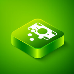 Isometric Stacks paper money cash icon isolated on green background. Money banknotes stacks. Bill currency. Green square button. Vector