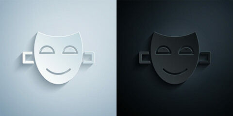 Paper cut Comedy theatrical mask icon isolated on grey and black background. Paper art style. Vector