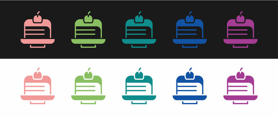 Set Piece of cake icon isolated on black and white background. Happy Birthday. Vector