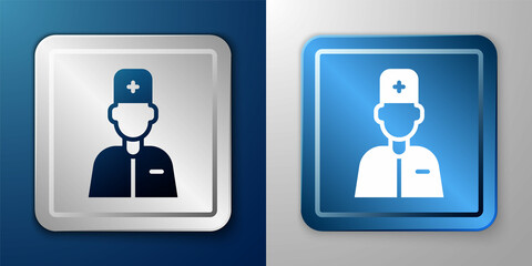 White Male doctor icon isolated on blue and grey background. Silver and blue square button. Vector