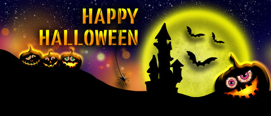Halloween party banner. Halloween illustration with scary pumpkins, spider and bats at full moon. A scary halloween for all of you.