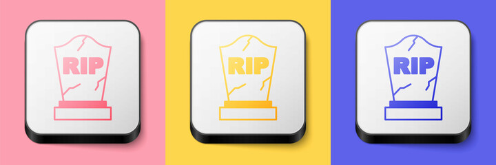 Isometric Tombstone with RIP written on it icon isolated on pink, yellow and blue background. Grave icon. Happy Halloween party. Square button. Vector