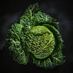Head of Savoy cabbage on a dark background, close-up.