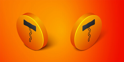 Isometric Wine corkscrew icon isolated on orange background. Orange circle button. Vector