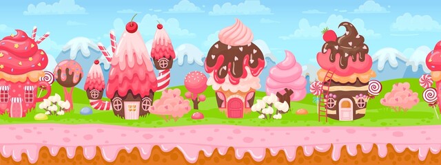 Sweet candy land seamless panorama for game background. Cartoon magic world with cake houses, pink cream and caramel trees vector landscape