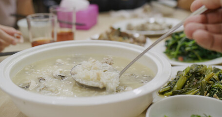 Chaozhou style oyster congee in restaurant