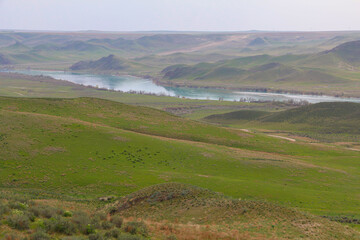 Morning. Spring. View of the Ili river valley. Middle Asia. South-east of Kazakhstan