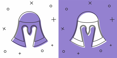 Set Medieval iron helmet for head protection icon isolated on white and purple background. Knight helmet. Vector