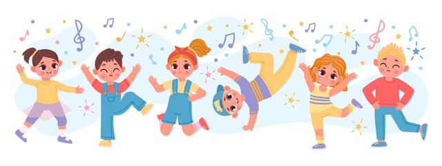 Happy cartoon children group dancing and jumping together. Fun active kid friends play. Kindergarten characters at dance party vector banner