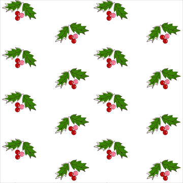 Christmas seamless vector patern with holly leaves and berries on white background