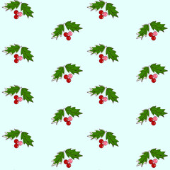 Christmas seamless vector patern with holly leaves and berries on blue background