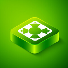 Isometric Lifebuoy icon isolated on green background. Lifebelt symbol. Green square button. Vector
