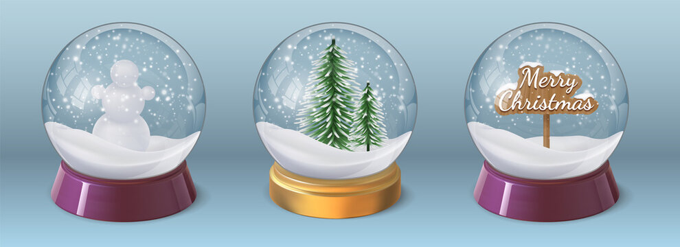 Realistic crystal snow ball with snowman and christmas tree. Glass globe sphere with winter holiday decoration. 3d xmas snowglobe vector set