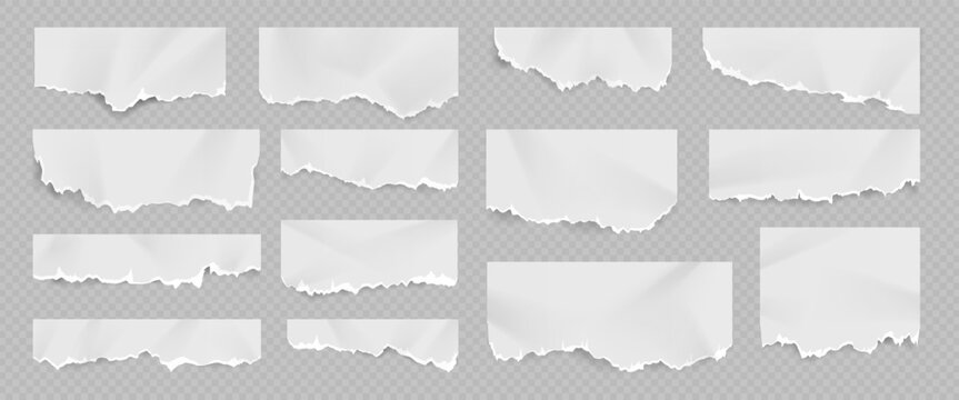 Realistic torn and ripped white paper sheet with folds. Notebook page with scrap edge. Rip blank document pieces and note shreds vector set
